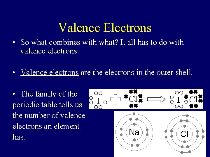 Valence Electrons • So what combines with what? It all has to do with