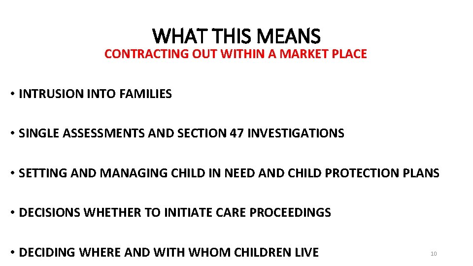 WHAT THIS MEANS CONTRACTING OUT WITHIN A MARKET PLACE • INTRUSION INTO FAMILIES •