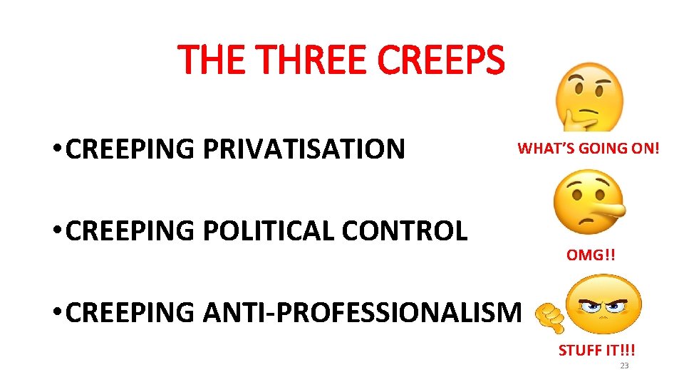 THE THREE CREEPS • CREEPING PRIVATISATION WHAT’S GOING ON! • CREEPING POLITICAL CONTROL OMG!!