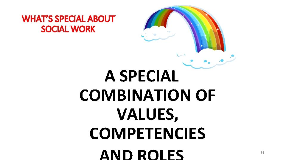 WHAT’S SPECIAL ABOUT SOCIAL WORK A SPECIAL COMBINATION OF VALUES, COMPETENCIES 34 