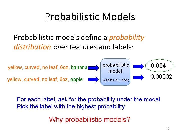 Probabilistic Models Probabilistic models define a probability distribution over features and labels: yellow, curved,