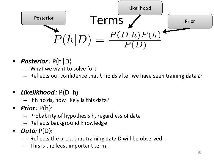 Likelihood Posterior Terms Prior • Posterior : P(h|D) – What we want to solve