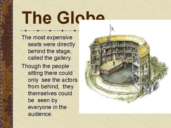 The Globe The most expensive seats were directly behind the stage, called the gallery.