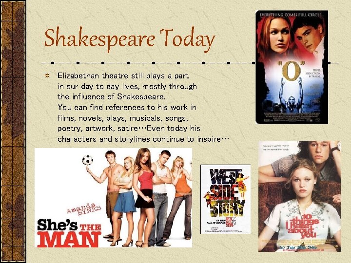 Shakespeare Today Elizabethan theatre still plays a part in our day to day lives,