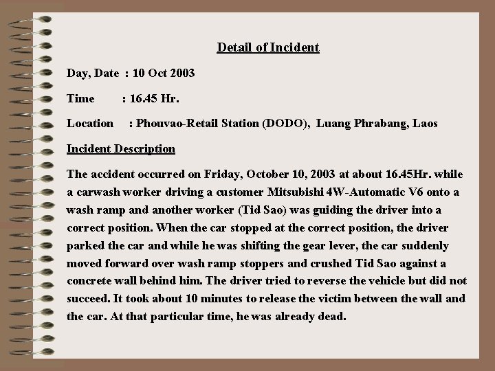 Detail of Incident Day, Date : 10 Oct 2003 Time Location : 16. 45