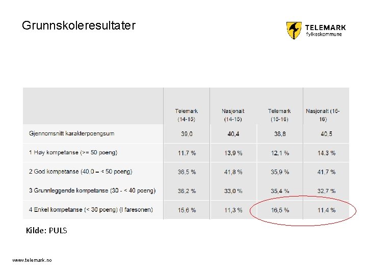 Grunnskoleresultater Kilde: PULS www. telemark. no 