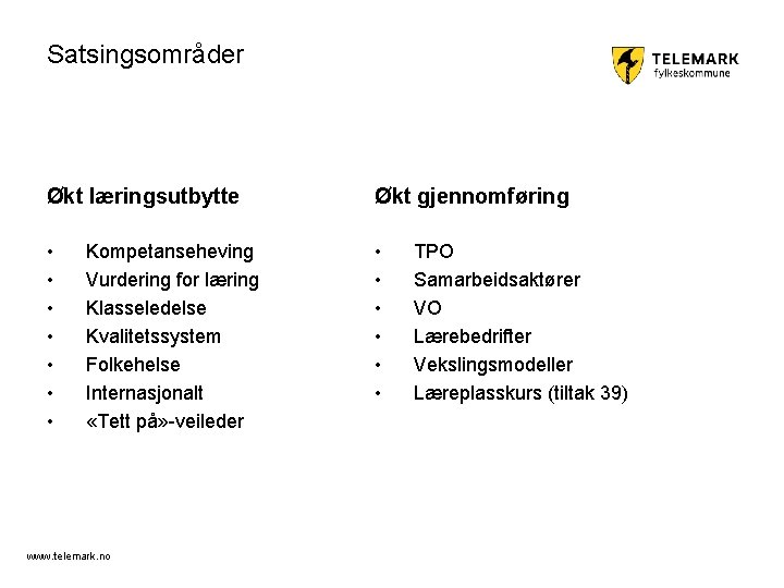 Satsingsområder Økt læringsutbytte Økt gjennomføring • • • • Kompetanseheving Vurdering for læring Klasseledelse