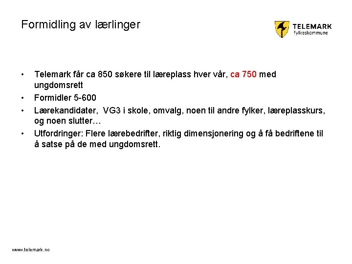 Formidling av lærlinger • • Telemark får ca 850 søkere til læreplass hver vår,