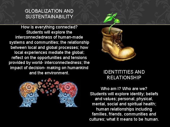 GLOBALIZATION AND SUSTENTAINABILITY How is everything connected? Students will explore the interconnectedness of human-made
