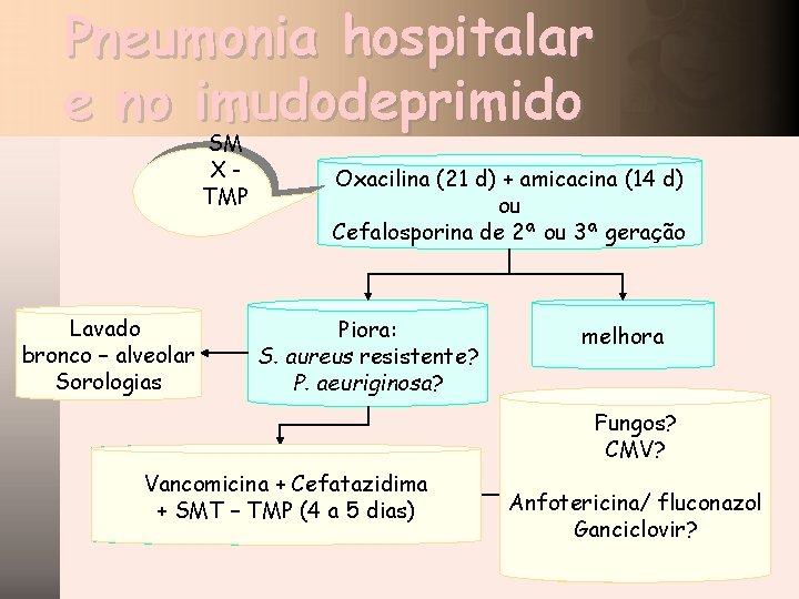 Pneumonia hospitalar e no imudodeprimido SM XTMP Lavado bronco – alveolar Sorologias Oxacilina (21