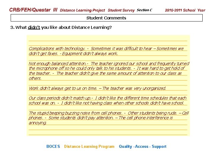 CRB/FEH/Questar III Distance Learning Project Student Survey Section C 2009– 2010 School Year Student