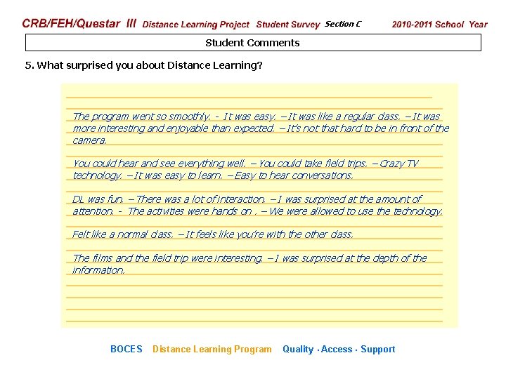 CRB/FEH/Questar III Distance Learning Project Student Survey Section C 2009– 2010 School Year Student