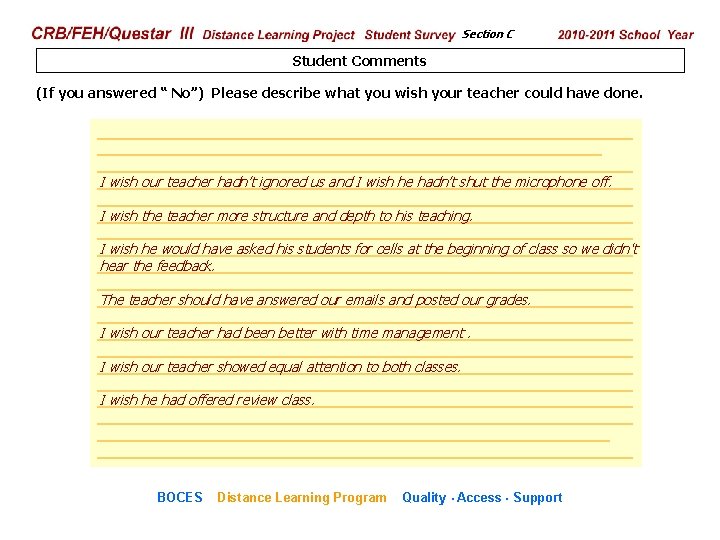 CRB/FEH/Questar III Distance Learning Project Student Survey Section C 2009– 2010 School Year Student