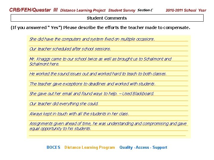 CRB/FEH/Questar III Distance Learning Project Student Survey Section C 2009– 2010 School Year Student