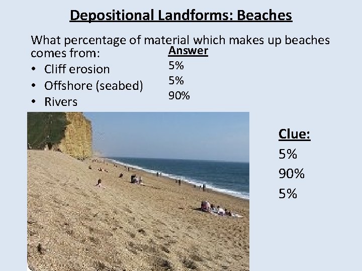 Depositional Landforms: Beaches What percentage of material which makes up beaches Answer comes from: