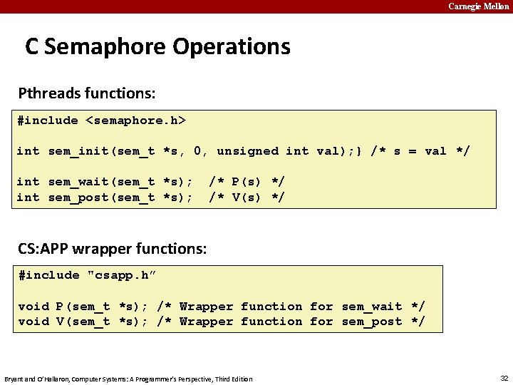 Carnegie Mellon C Semaphore Operations Pthreads functions: #include <semaphore. h> int sem_init(sem_t *s, 0,