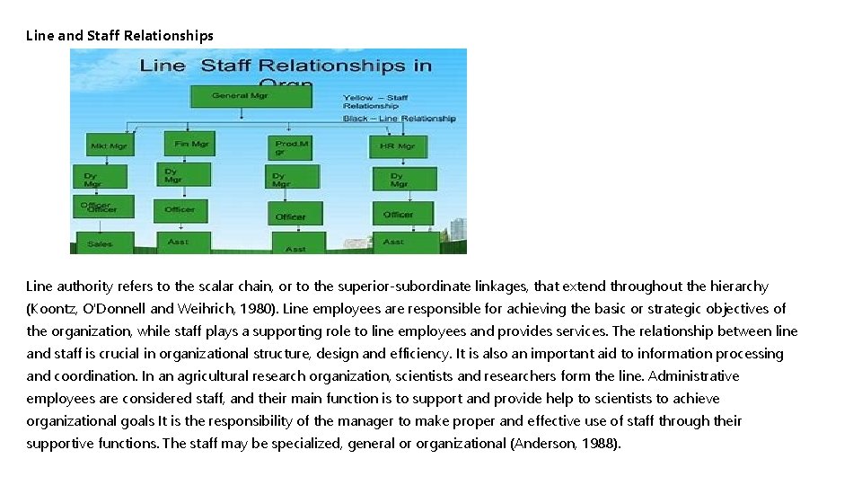 Line and Staff Relationships Line authority refers to the scalar chain, or to the
