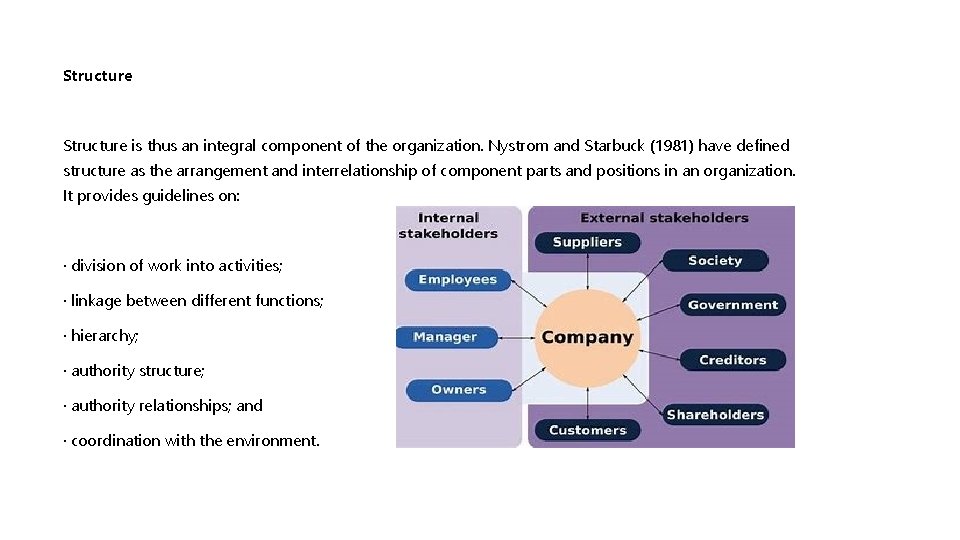 Structure is thus an integral component of the organization. Nystrom and Starbuck (1981) have