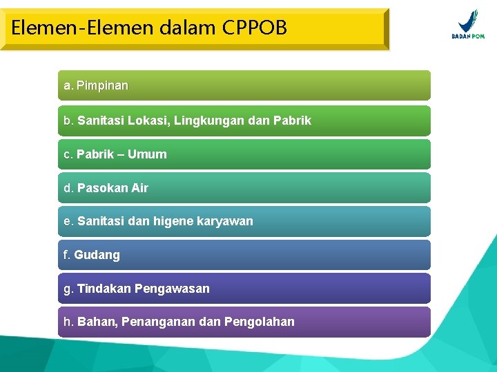 Elemen-Elemen dalam CPPOB a. Pimpinan b. Sanitasi Lokasi, Lingkungan dan Pabrik c. Pabrik –