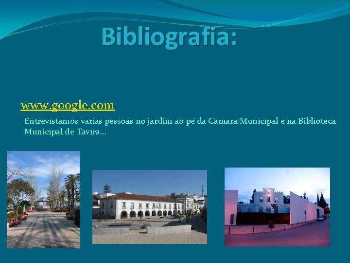 Bibliografia: www. google. com Entrevistamos varias pessoas no jardim ao pé da Câmara Municipal