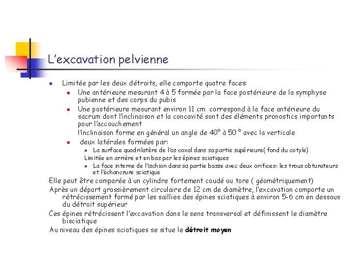 L’excavation pelvienne n Limitée par les deux détroits, elle comporte quatre faces: n Une