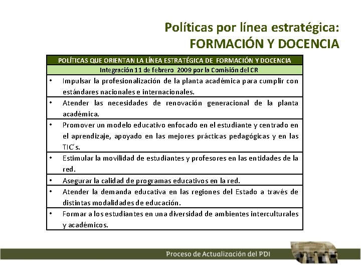 Políticas por línea estratégica: FORMACIÓN Y DOCENCIA POLÍTICAS QUE ORIENTAN LA LÍNEA ESTRATÉGICA DE