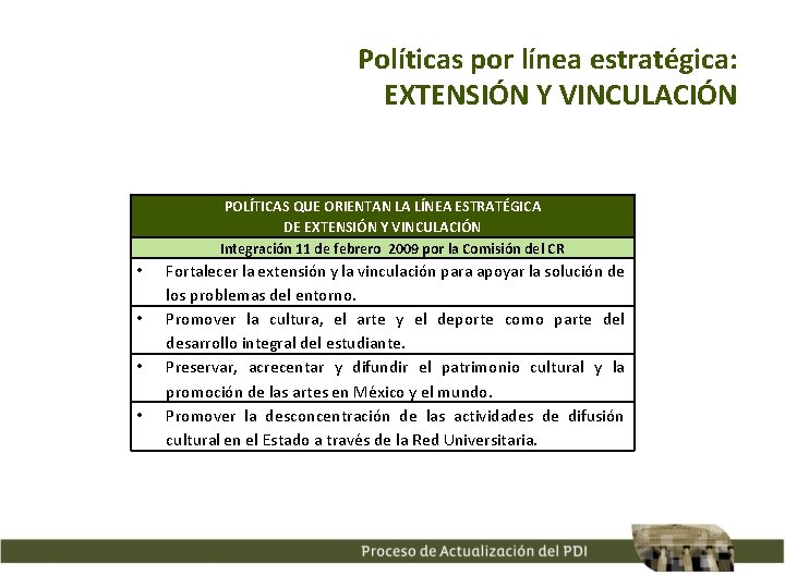 Políticas por línea estratégica: EXTENSIÓN Y VINCULACIÓN POLÍTICAS QUE ORIENTAN LA LÍNEA ESTRATÉGICA DE