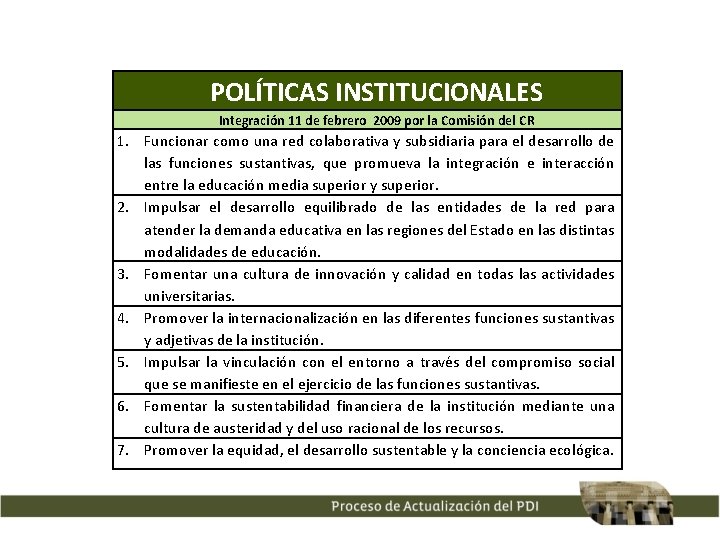 POLÍTICAS INSTITUCIONALES Integración 11 de febrero 2009 por la Comisión del CR 1. Funcionar