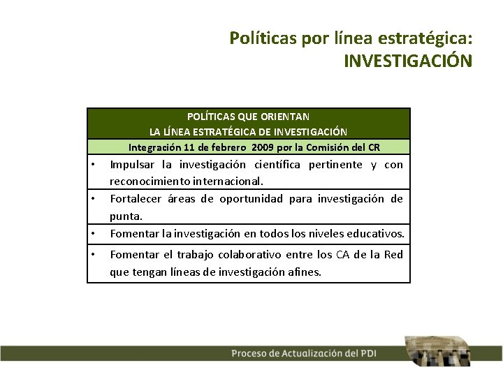 Políticas por línea estratégica: INVESTIGACIÓN POLÍTICAS QUE ORIENTAN LA LÍNEA ESTRATÉGICA DE INVESTIGACIÓN Integración