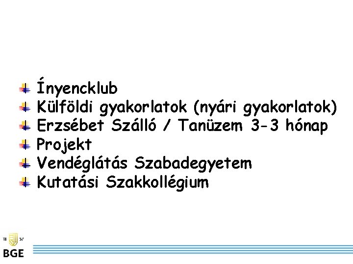 Ínyencklub Külföldi gyakorlatok (nyári gyakorlatok) Erzsébet Szálló / Tanüzem 3 -3 hónap Projekt Vendéglátás