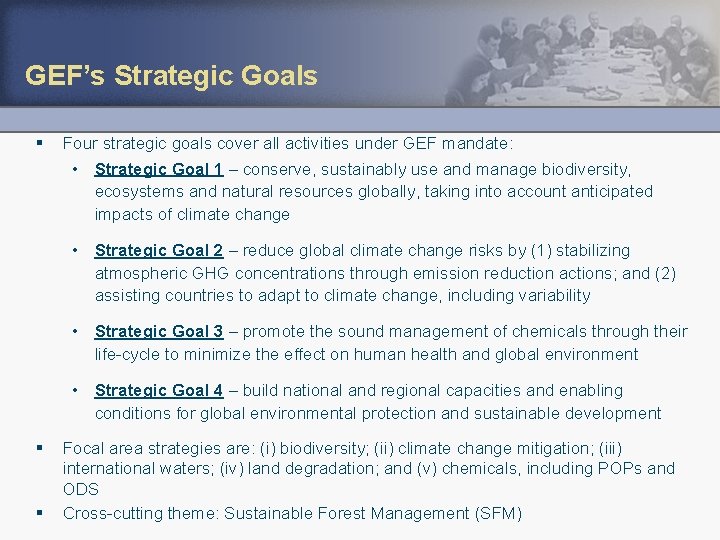 GEF’s Strategic Goals § Four strategic goals cover all activities under GEF mandate: •