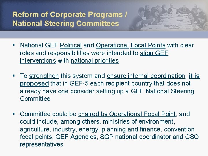 Reform of Corporate Programs / National Steering Committees § National GEF Political and Operational