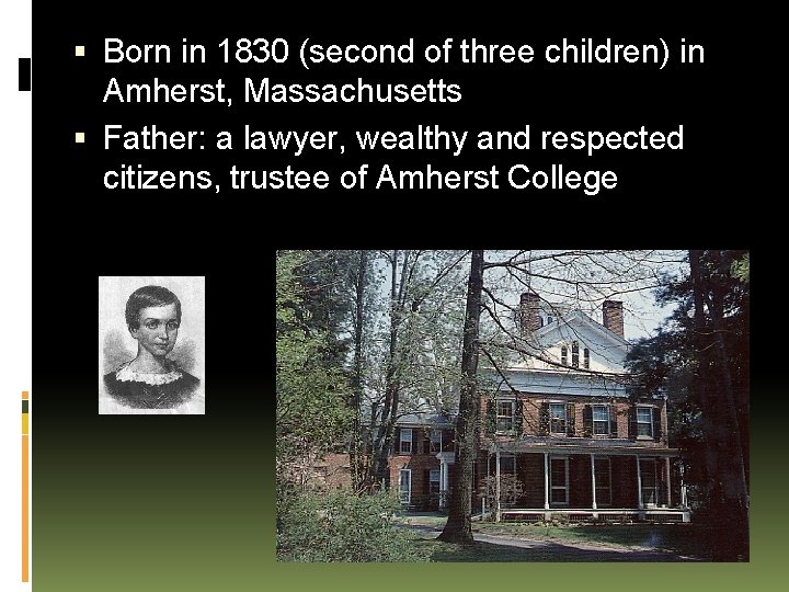  Born in 1830 (second of three children) in Amherst, Massachusetts Father: a lawyer,