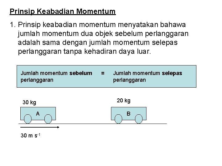 Prinsip Keabadian Momentum 1. Prinsip keabadian momentum menyatakan bahawa jumlah momentum dua objek sebelum