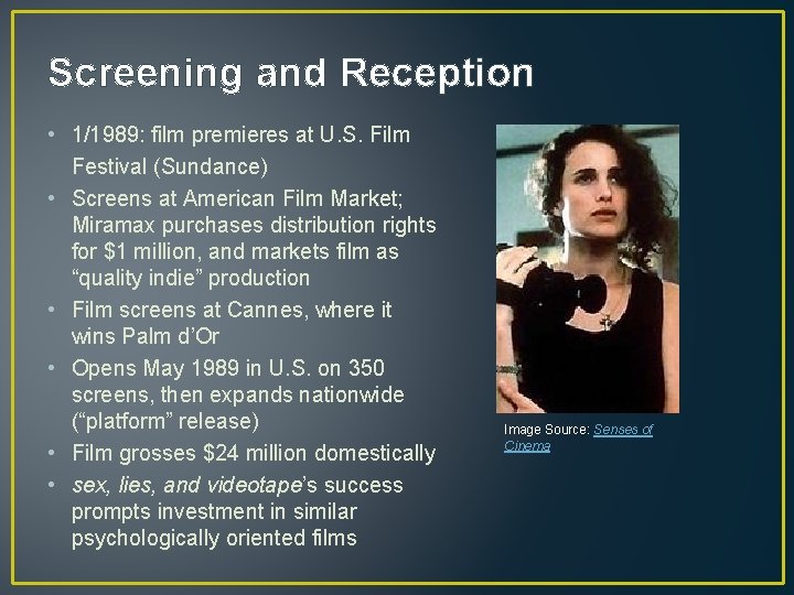 Screening and Reception • 1/1989: film premieres at U. S. Film Festival (Sundance) •