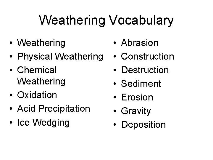 Weathering Vocabulary • Weathering • Physical Weathering • Chemical Weathering • Oxidation • Acid