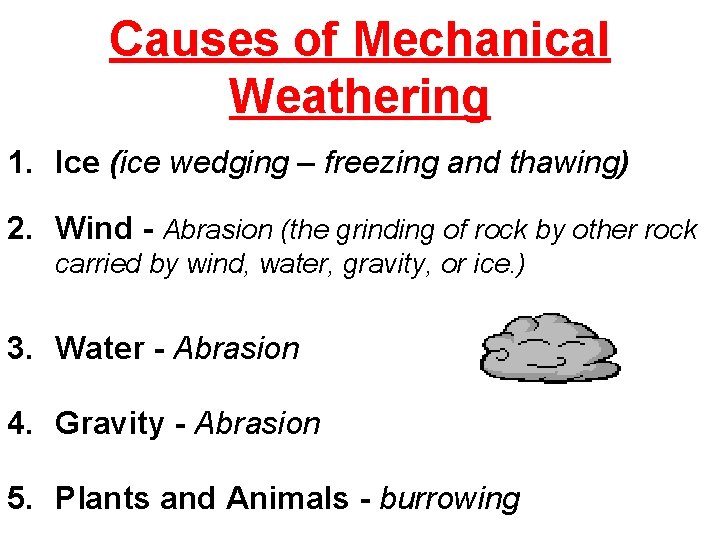 Causes of Mechanical Weathering 1. Ice (ice wedging – freezing and thawing) 2. Wind