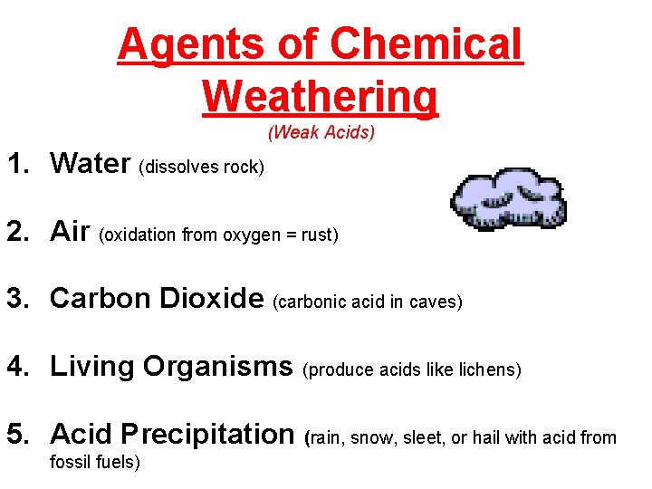 Agents of Chemical Weathering (Weak Acids) 1. Water (dissolves rock) 2. Air (oxidation from
