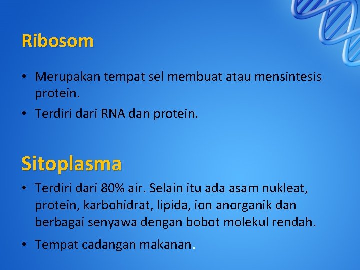 Ribosom • Merupakan tempat sel membuat atau mensintesis protein. • Terdiri dari RNA dan