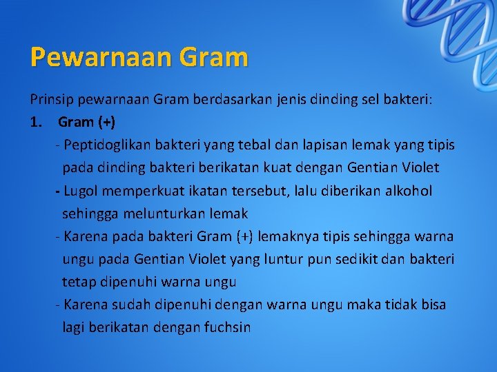 Pewarnaan Gram Prinsip pewarnaan Gram berdasarkan jenis dinding sel bakteri: 1. Gram (+) -