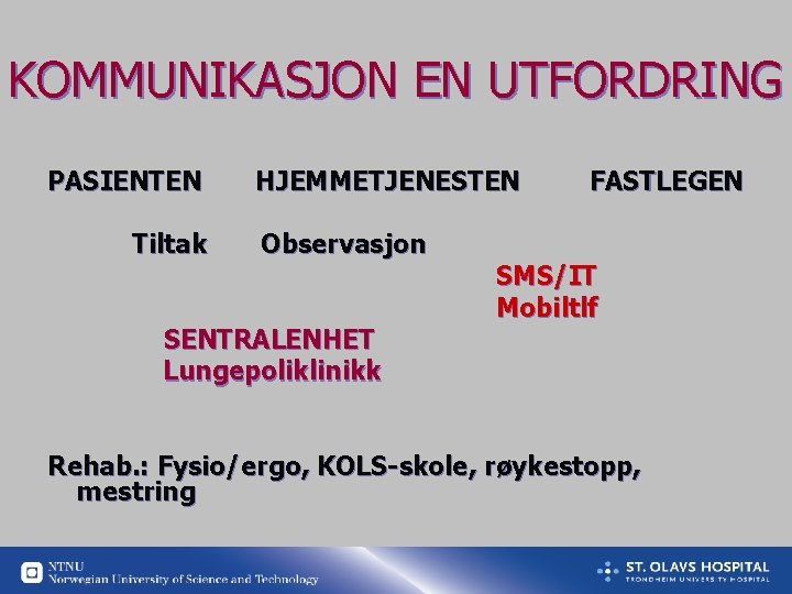 KOMMUNIKASJON EN UTFORDRING PASIENTEN Tiltak HJEMMETJENESTEN Observasjon SENTRALENHET Lungepoliklinikk FASTLEGEN SMS/IT Mobiltlf Rehab. :