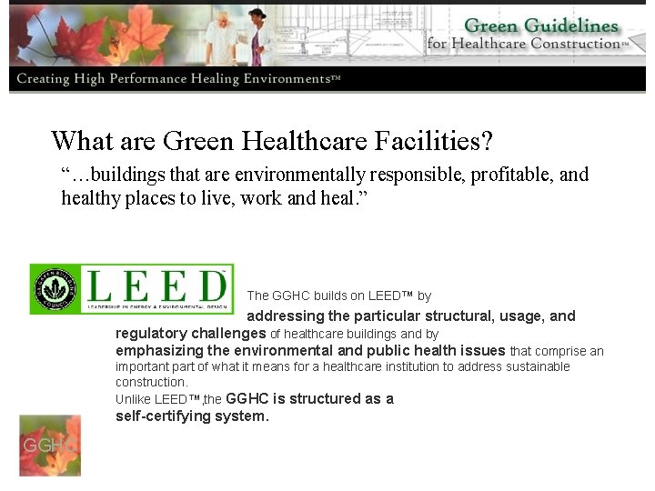 What are Green Healthcare Facilities? “…buildings that are environmentally responsible, profitable, and healthy places
