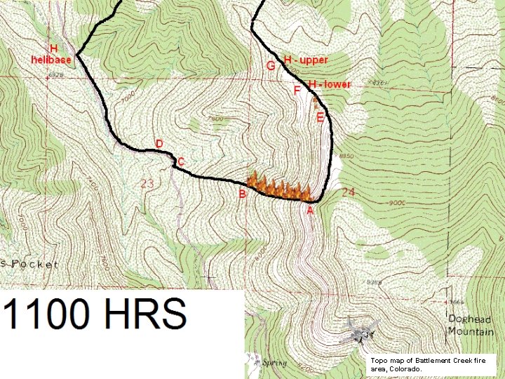 Topo map of Battlement Creek fire area, Colorado. 