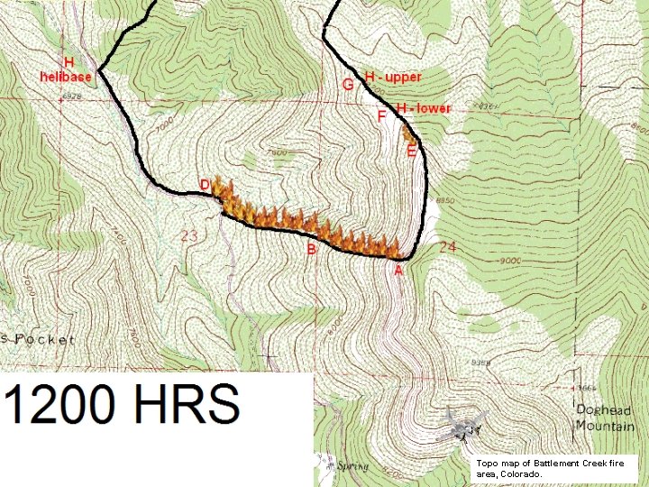Topo map of Battlement Creek fire area, Colorado. 