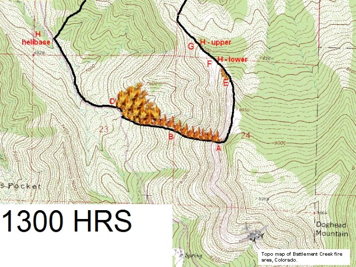 Topo map of Battlement Creek fire area, Colorado. 