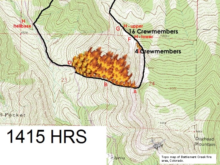 Topo map of Battlement Creek fire area, Colorado. 