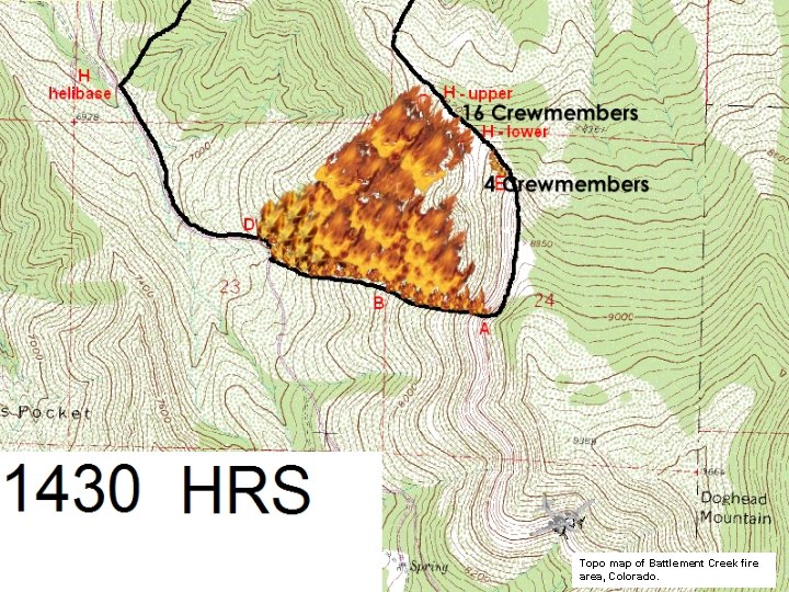 Topo map of Battlement Creek fire area, Colorado. 