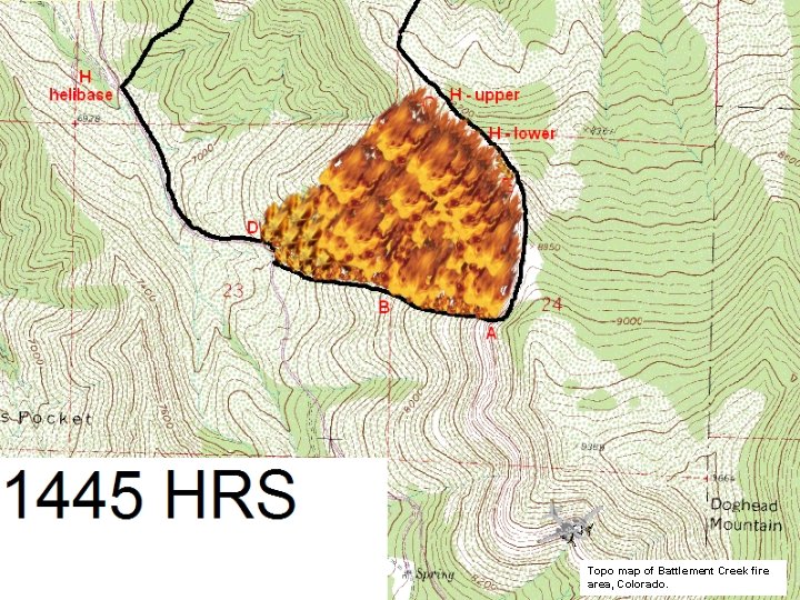 Topo map of Battlement Creek fire area, Colorado. 
