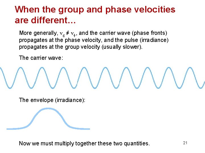 When the group and phase velocities are different… More generally, vg ≠ vf, and