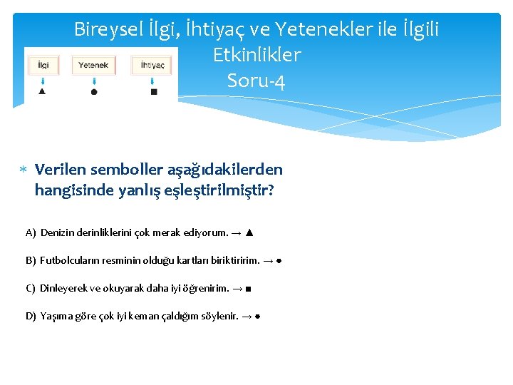 Bireysel İlgi, İhtiyaç ve Yetenekler ile İlgili Etkinlikler Soru-4 Verilen semboller aşağıdakilerden hangisinde yanlış